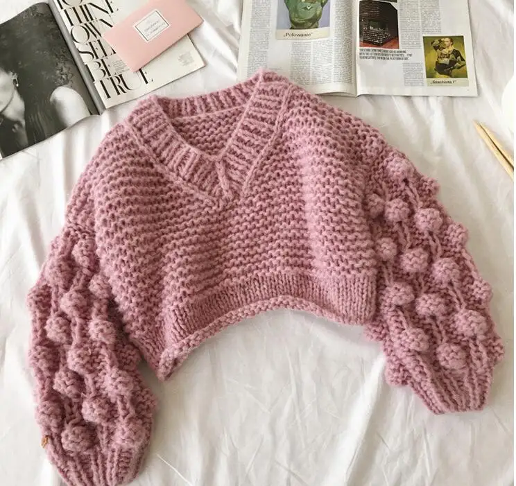 Women Lantern Sleeve Ball Short Sweater Streetwear Female High Waist Vintage Knitting Pullover Women Lantern Sleeve Ball Short Sweater Streetwear Female High Waist Vintage Knitting Pullover