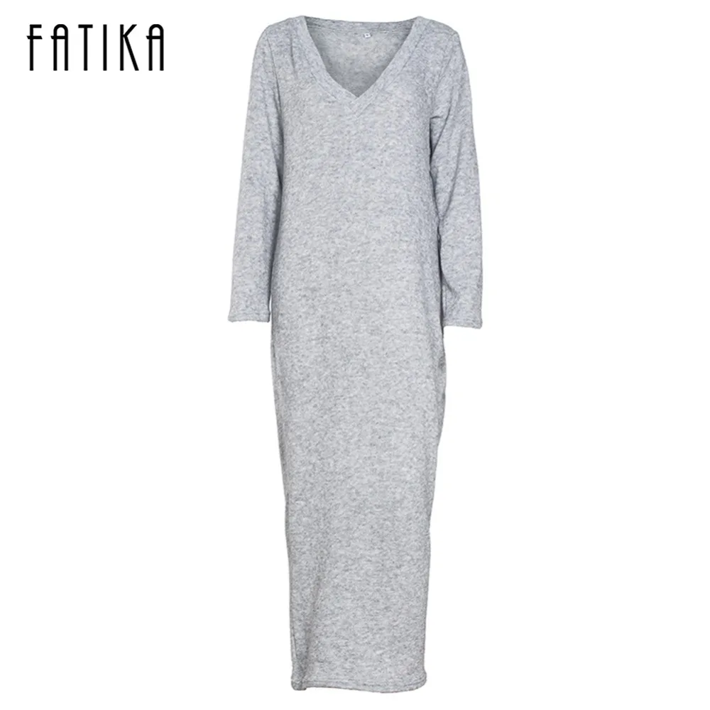 

FATIKA 2017 Autumn Winter Women Fashion Long Sweater Dress Casual Long Sleeve V Neck Loose Knitted Dresses For Female