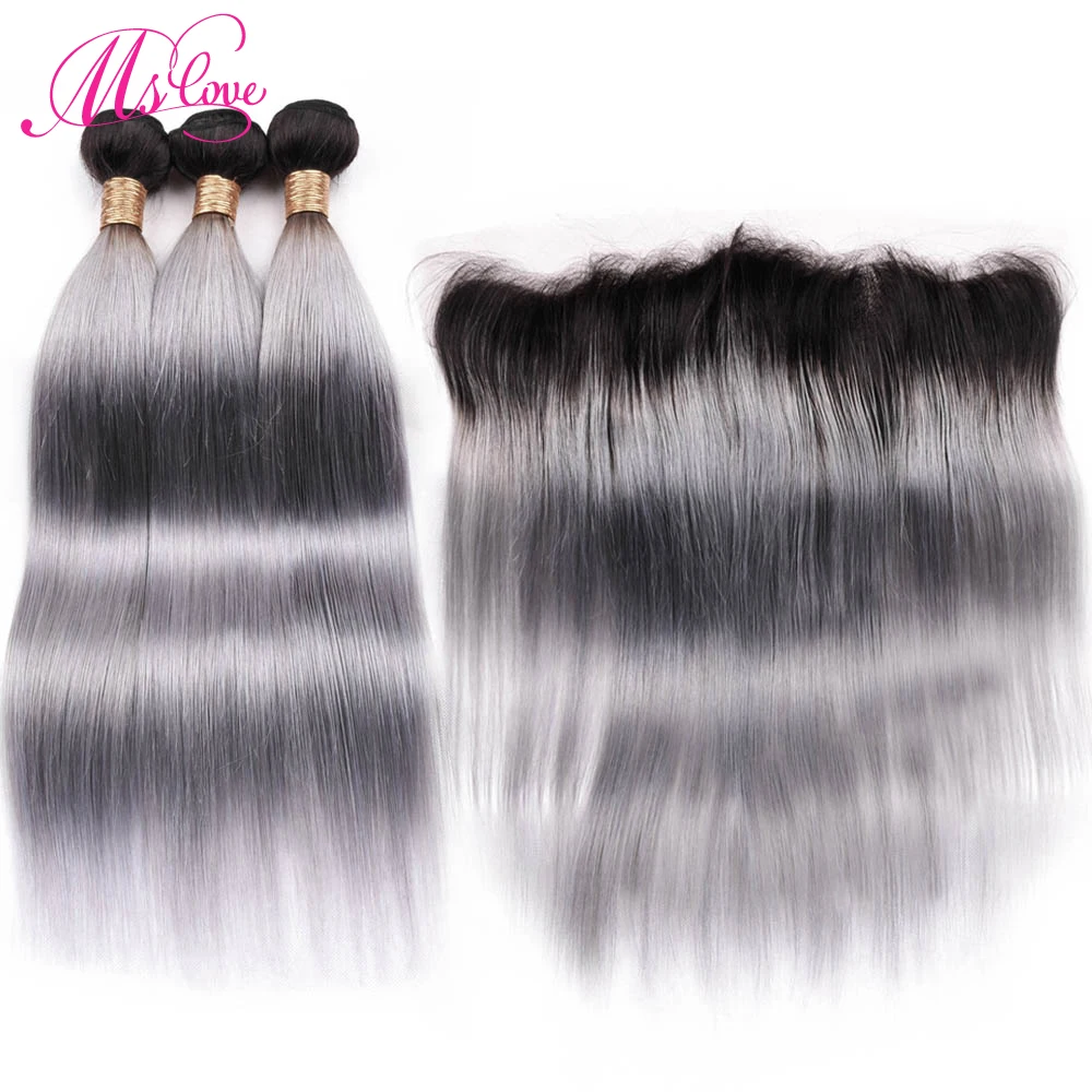 MS Love Pre-colored Ombre 1B серые пучки с фронтальным закрытием 13x4 прямые Реми перуанские Humam пучки волос с фронтальным