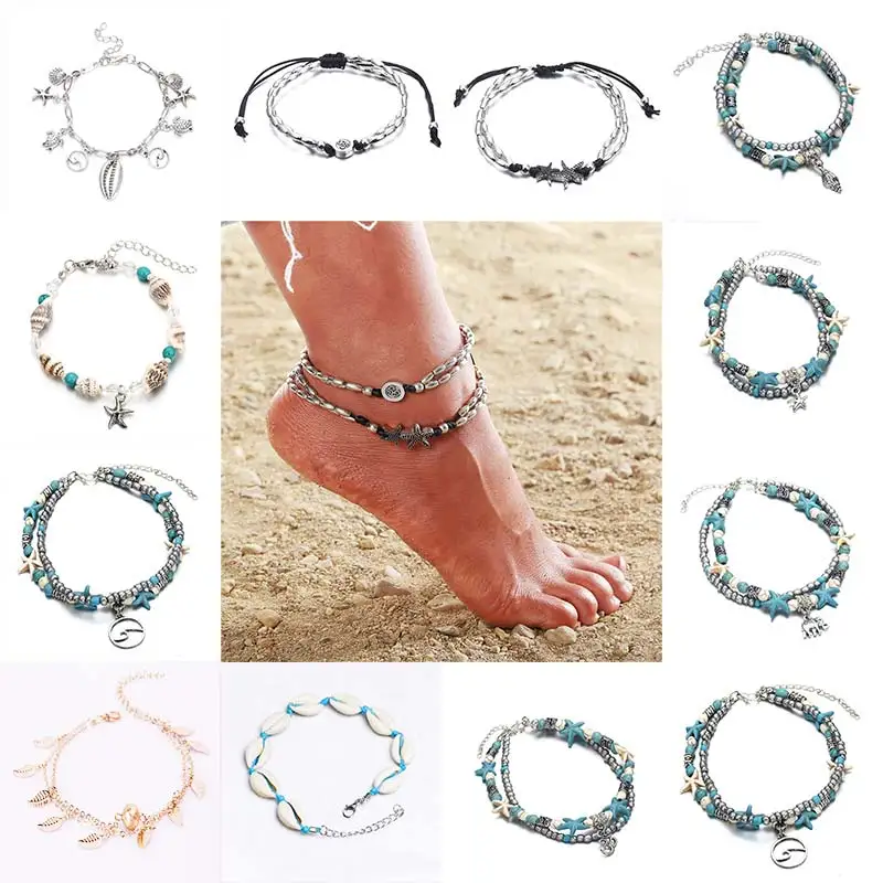 

Anklets 1PC Handmade Knit Silver Measle Rope Golden Sea Wave Animal Elephant Leaf Adjustable Shell Starfish Alloy Foot Jewelry