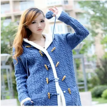 Осень Зима Одежда свитер кардиган пальто женский корейский Свободный средней длины с капюшоном плюс бархат толстый теплый женский вязаный жакет - Цвет: blue