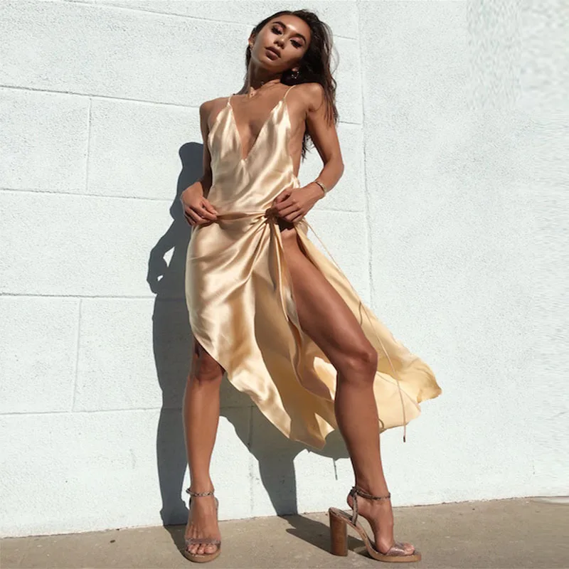 

2019 Fashion Sexy Slip Satin Solid color Long Dress Women Summer Maxi Dress Sleeveless Backless Deep V Neck Party Club Dress