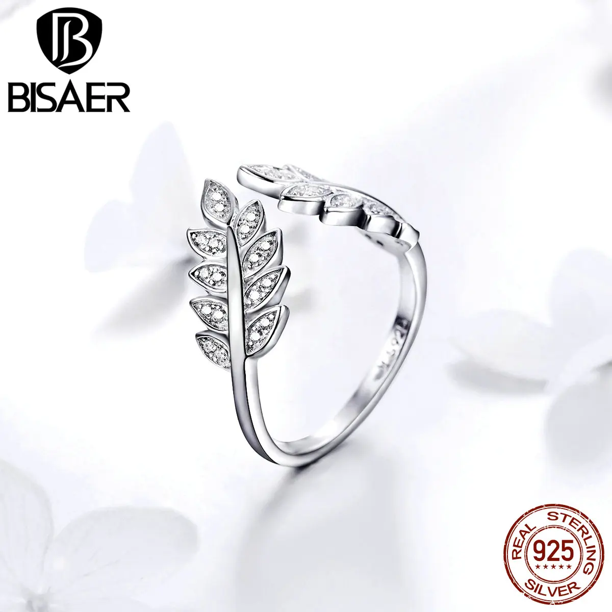 

BISAER Luminous 925 Sterling Silver Autumn Tree Leaves Shape Women Rings Adjustable Tree Leaf Cubic Zircon Anel Jewelry ECR505