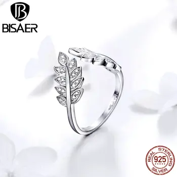 

BISAER Luminous 925 Sterling Silver Autumn Tree Leaves Shape Women Rings Adjustable Tree Leaf Cubic Zircon Anel Jewelry ECR505