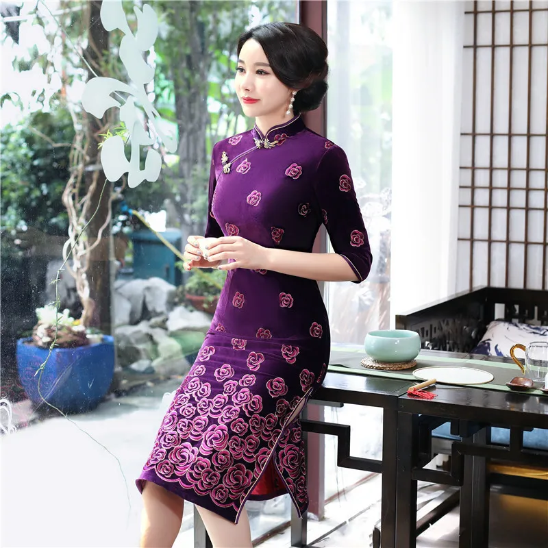 Классическая Вышивка восточных леди бархат Cheongsam Осень зима теплая сценическое шоу длинный Qipao большой размер китайское платье 3XL 4XL