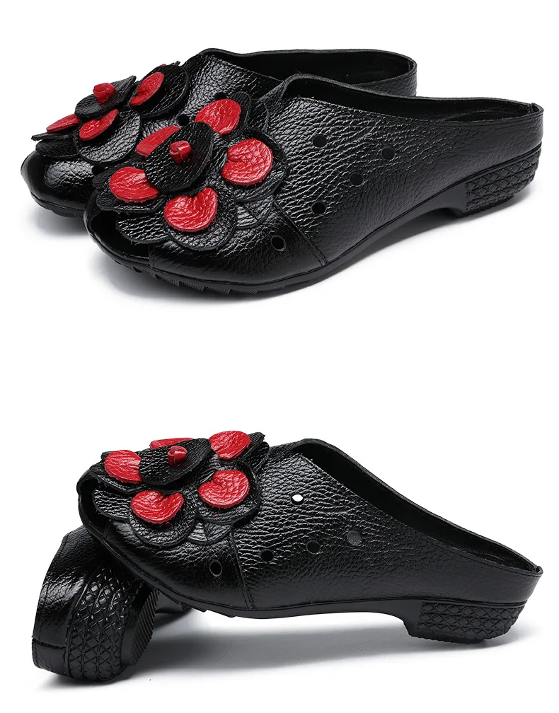 OUKAHUI/летние домашние тапочки из натуральной кожи; женская обувь на плоской подошве; обувь на низком каблуке в винтажном стиле с закрытым носком; женские шлепанцы без задника с цветочным узором
