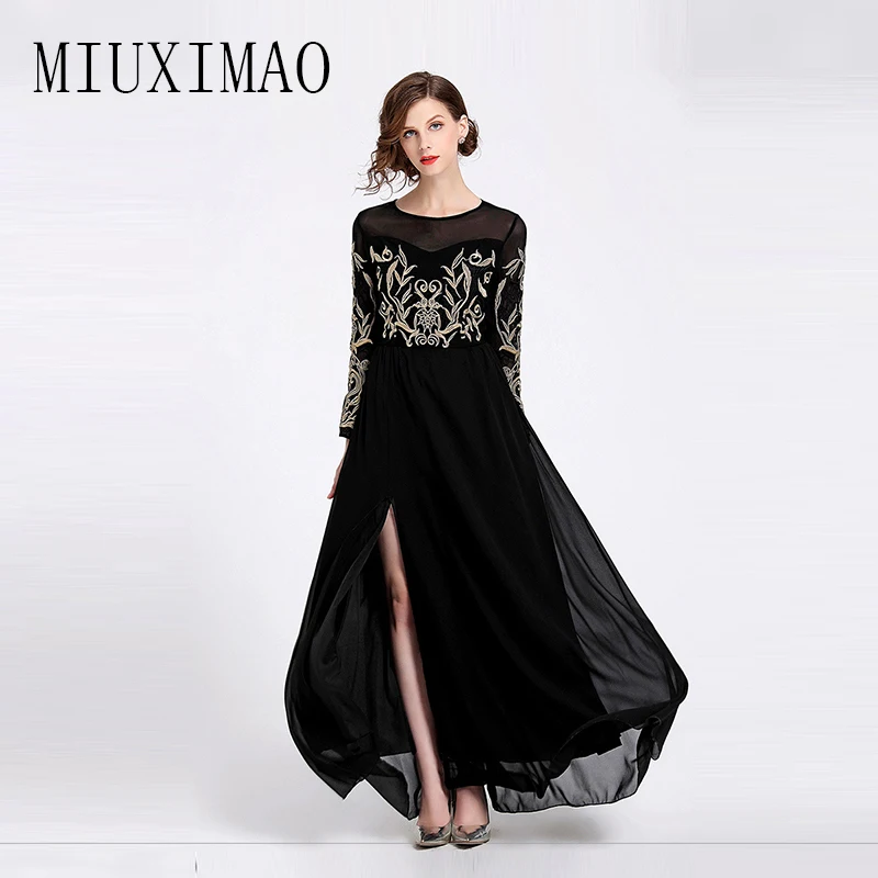 

High Quality Newest 2018 Spring & Summer Casual A-Line O-Neck Long Sleeve Embroidery Empire Elegant Floor-Length Dress Women