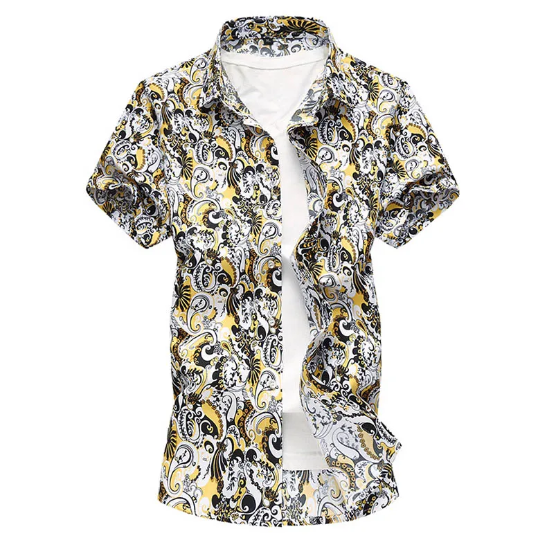 M-7XL плюс размер с коротким рукавом пляжный рубашка для мужчин Летняя мужская Повседневная тонкая печать колледж свободное платье рубашка