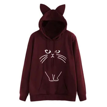 

Cat Ear Hooded Coat Women Sweatershirt Sleep Cat Printed Autumn Long Sleeve Pullovers Female Fashion Outwear Womens T8