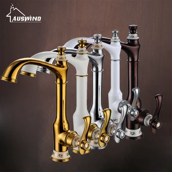 

European-style Antique Sink Basin Kitchen Faucet 360-degree Rotation Hot Cold Copper Metal Paint Gilt Flower Pattern Faucet A-2