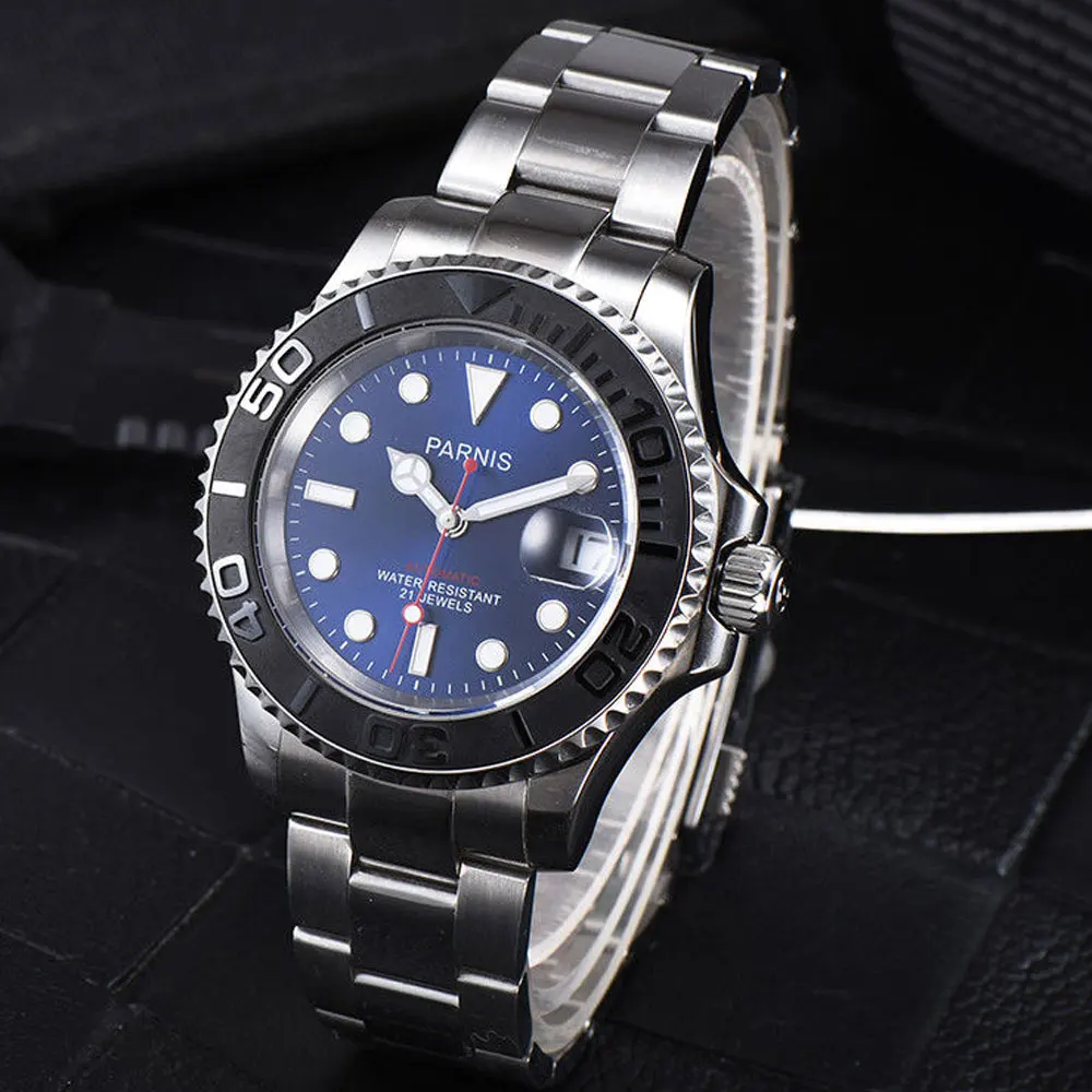 

41mm Parnis Blue dial Stainless Steel Sapphire glass Deployment Clasp Newest Hot 21 jewels miyota Automatic movement Men's Watch