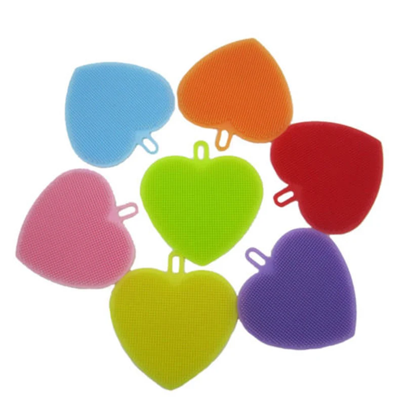 Silicone Heart Dish Washing Sponge Scrubber Kitchen Cleaning Mat Brush