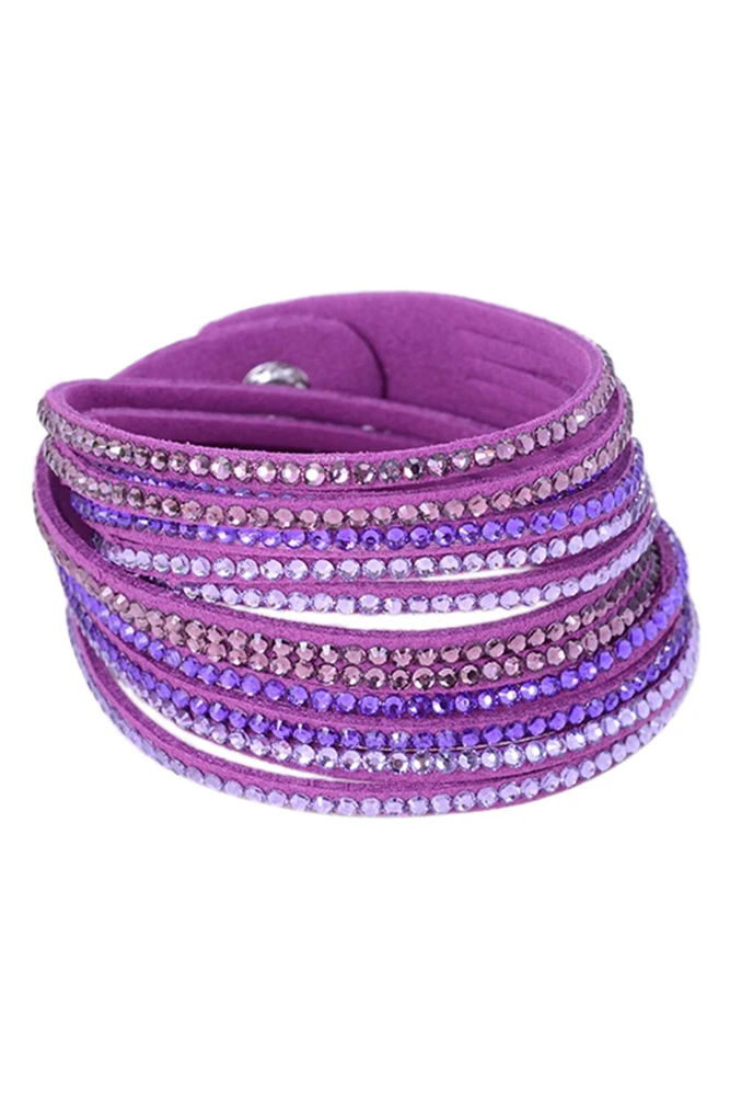 Women Multilayers Rhinestones Cuff Wrap Faux Leather Bracelet Purplein