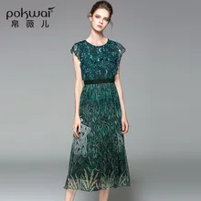 POKWAI Casual Summer Silk Dresses Women Fashion High Quality 2017 New Arrival O-Neck Short Petal Sleeve Draped Pleated Dresses