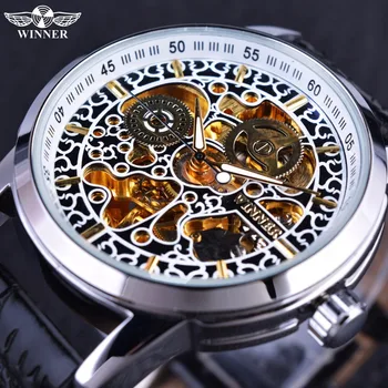 

Wiinner Chinese Style Golden Skeleton Inside Silver Case Black Leather Strap Luxury Brand Watches Men Automatic Mechanical Watch