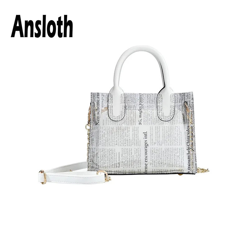

Ansloth PVC Transparent Bag Women Summer Clear Bag Ladies Newspaper Print Shoulder Bag Lady Mini Beach Bag Female Handbag HPS597