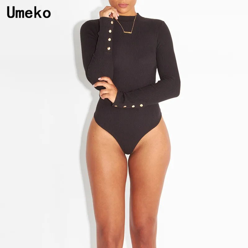 Umeko Rib трикотажный эластичный облегающий костюм женский сексуальный длинный рукав макет-шеи черный серый простой обтягивающий Детский комбинезон весна-осень боди