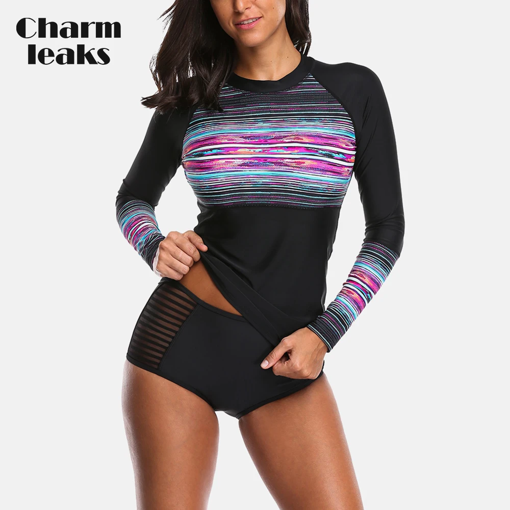 

Charmleaks Women Long Sleeve Rashguard Swimwear Retro Floral Print Surfing Top Running Shirt Biking Rash Guard UPF50+ Swimsuit