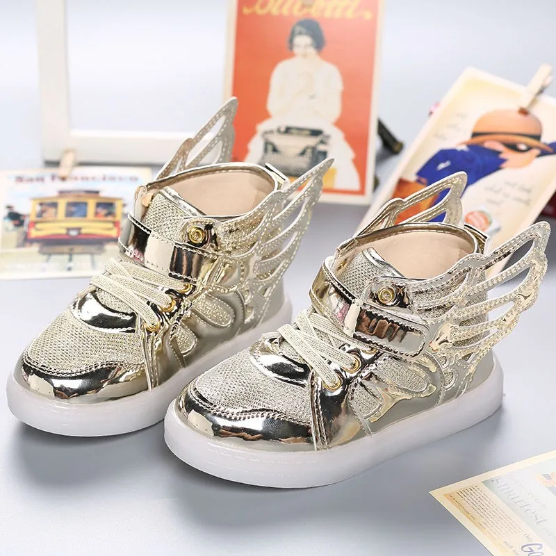 Lighted Shoes For Girls Boys Lovely Angel Wings Gold Hook LED shoes Solid hook Loop PU shoes for Spring Autumn Winter Christmas (4)