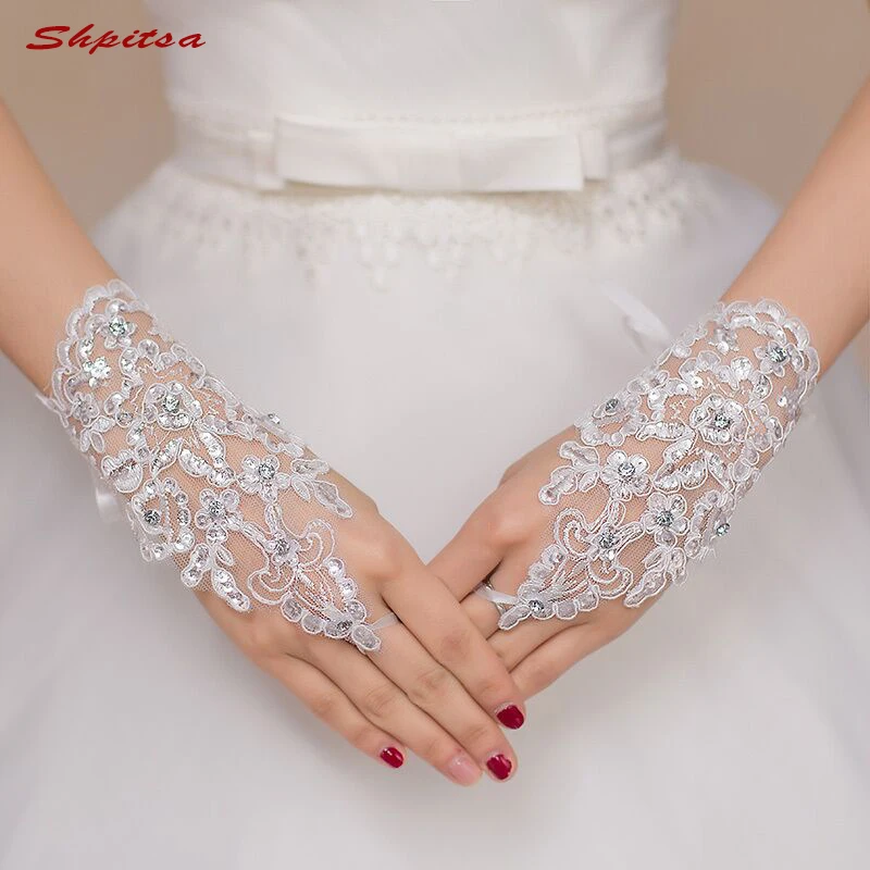 Белого цвета или цвета слоновой кости кружевные короткие свадебные женские перчатки без пальцев для невесты Для женщин