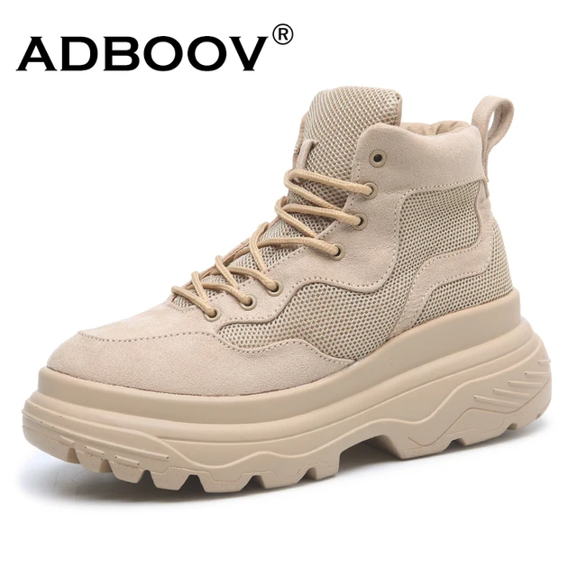 US $35.99 ADBOOV 2019 Spring Suede Ankle Boots Women Thick Sole Platform Boots Breathable Combat Boots High T