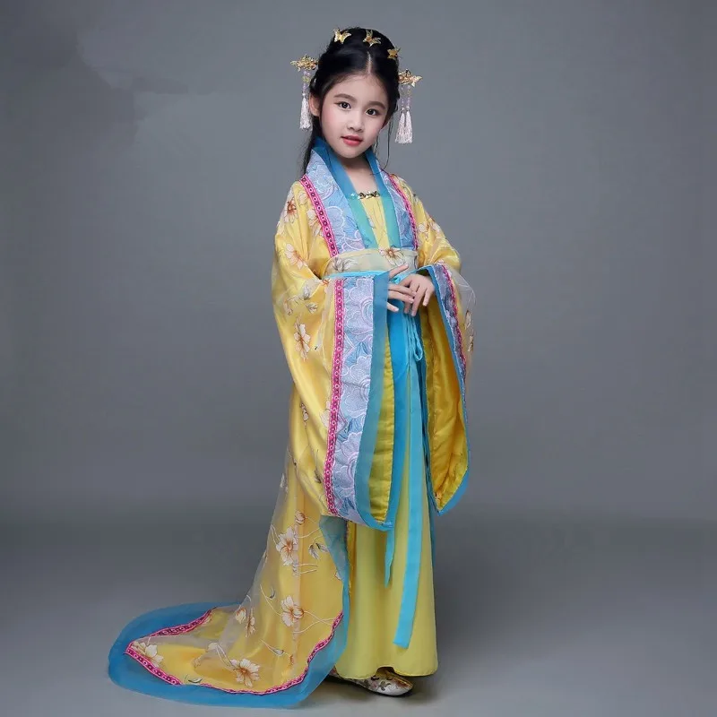 Китайский традиционный костюм для детей, платье феи для танцев для девочек, древняя народная одежда Hanfu, Детский костюм Тан, Национальная танцевальная одежда