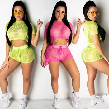 

Sexy Solid Color Perspective Womens Holiday 2Pcs Co-ord Set Crop Top Shorts Summer Beach Mini Jumpsuit Pants Sets