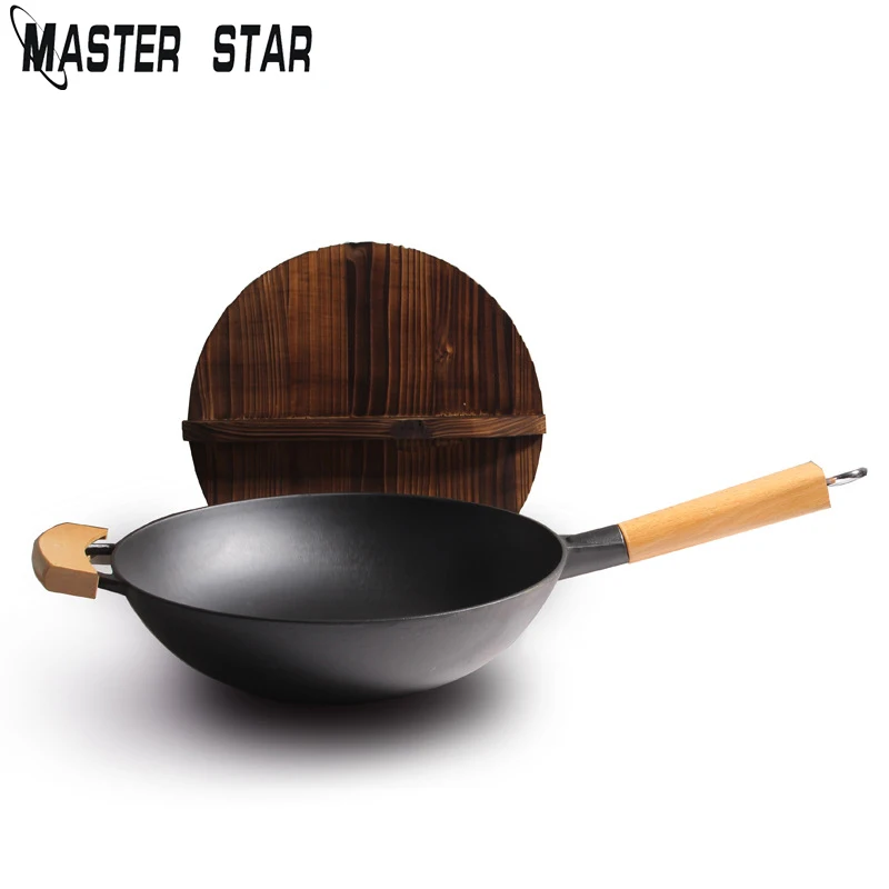 

Master Star 32/34CM Chinese Traditional Vintage Iron Wok Non-coating Manual Forging Wok With Wooden Cover Gas Cooker