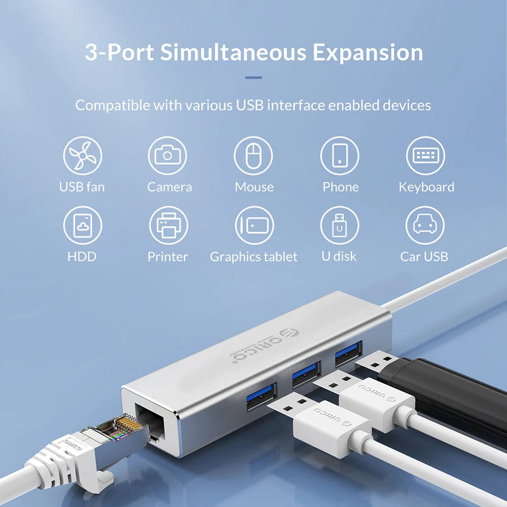 ORICO 4 в 1 порт тип-c гигабитный Ethernet адаптер+ USB3.0 концентратор Алюминиевый сплав USB 3,0 Ethernet адаптер для ноутбука мобильного телефона