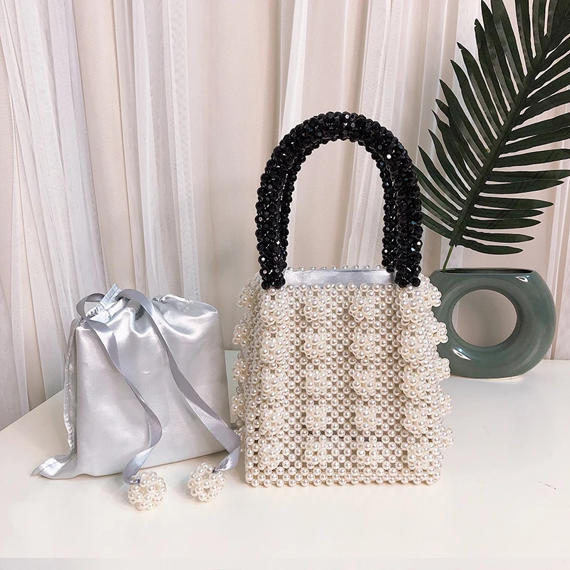 خمر Ins اليد-المنسوجة مطرز مربع اليد Abs أعلى-حقائب بيد الاكريليك النساء حزب اللؤلؤ الوردي الأبيض حقيبة الكريستال