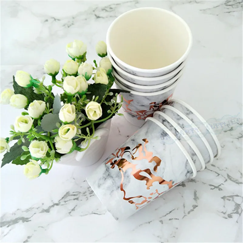 Beste Gratis Verzending 80 stks partij 270 ml Papier Cups Marmeren Ontwerp Rose Gouden Strepen Papier Cups Baby Shower Birthday Party Kids favor Decor