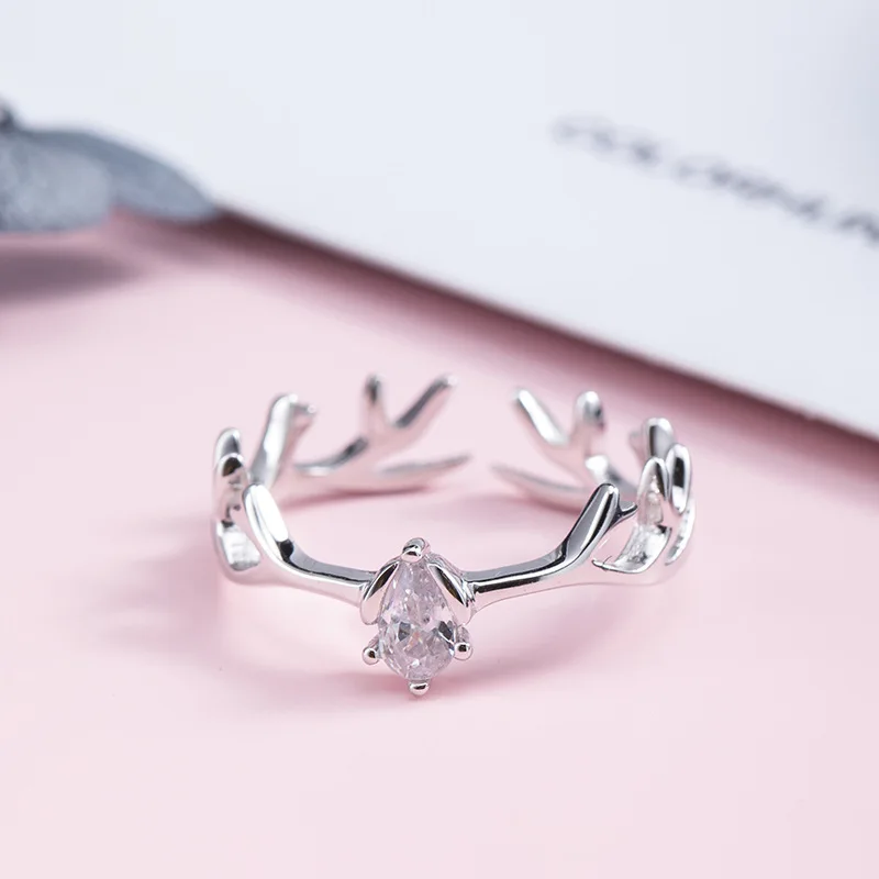 

S925 Silver Antlers Rings Zircon Opening Rings for Women Buckhorn Adjustable Ring Simplicity Animal Fine Jewelry