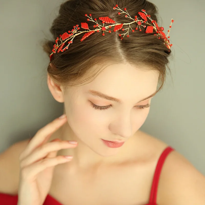Red Leaves Soft Ribbon Hairband Hair Vine Gold Branch Beads Headband Sweet Crystal Shinning