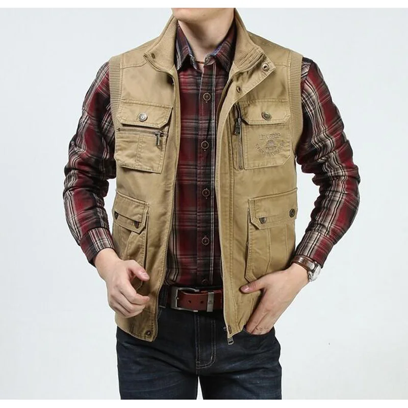 men's Vest Men Casual Loose Stand Collar Tactical Vest Multi pockets