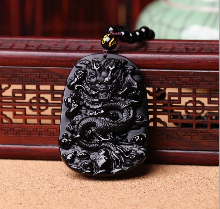

Shilong token pendant necklace, natural obsidian zodiac dragon carved a proud men and women style pendant