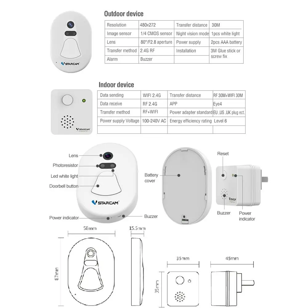 VStarcam беспроводной Wifi Фото дверной звонок Doorcam + радиочастотная передача ИК Ночное