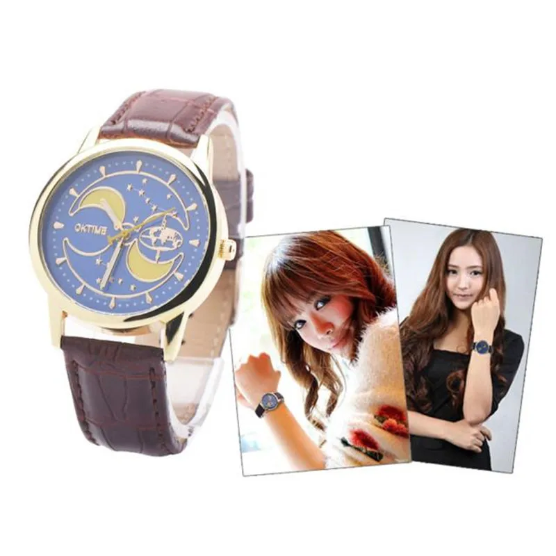 

Brand Hour OKTIME Design Casual Men Women Unisex Neutral Moon Clock Black&Brown Leather Quartz Watches Round Dial Relogios