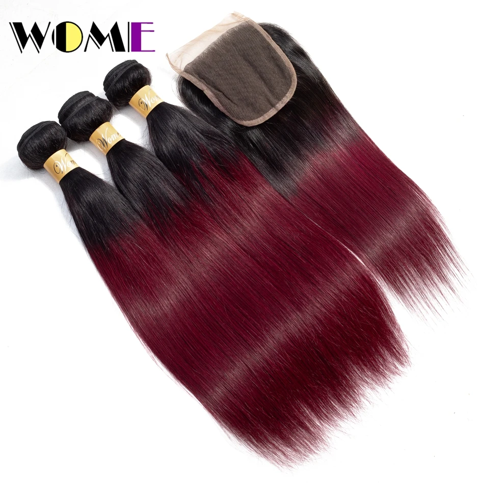 Wome Ombre Straight Bundles Human Hair Bundles With Closure Nonremy 1B/99j 3Pcs Brazilian Hair Weave Bundles With Closure Wome Ombre Straight Bundles Human Hair Bundles With Closure Nonremy 1B/99j 3Pcs Brazilian Hair Weave Bundles With Closure