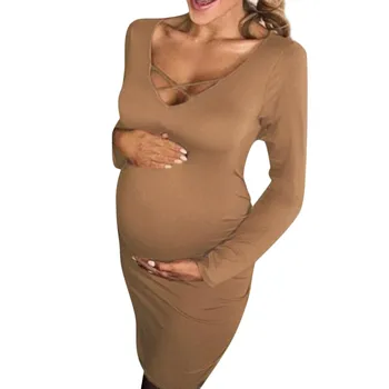 

Women's Pregnancy V Collar Long Sleeve Dress Maternity Solid Color Sundress Autumn Winter Drop Shipping