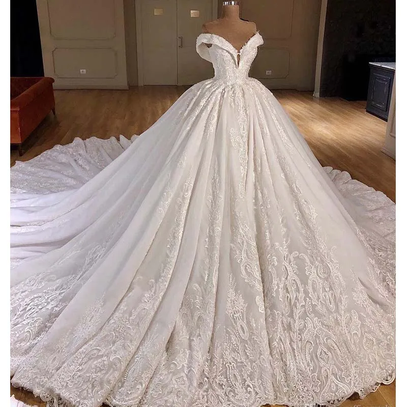 Дизайнерское бальное платье Свадебные платья с открытыми плечами Милая Цветочная Кружевная аппликация свадебное платье Robe De Mariee