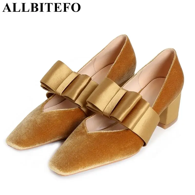 

ALLBITEFO 2018 spring flock square toe high heels women pumps bowtie thick heel wedding women shoes girls shoes Sra zapato