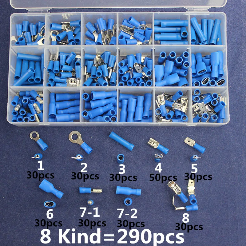 

290pcs Blue Assorted Insulated Terminals Female/Male Quick Disconnect Ring typeConnectors Kit Electrical Crimp For 16-14AWG