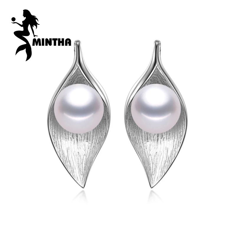 

MINTHA natural Pearl earrings Pearl jewelry Pearl leaf 925 Sterling Silver earrings geometric Bohemia stud earrings for love