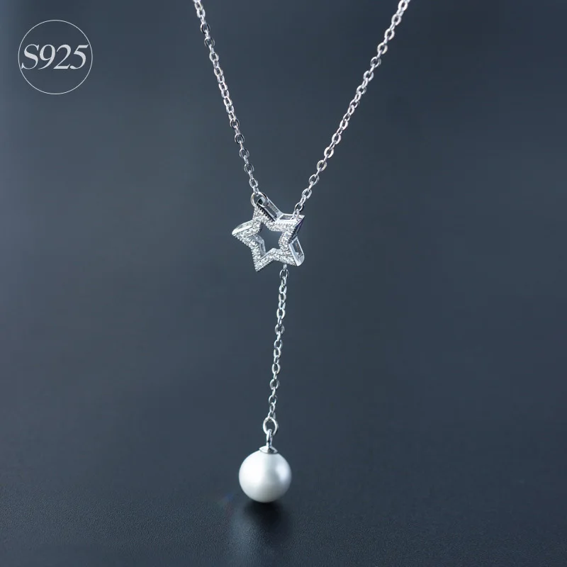 

Lucky Simple Style Rhinestone Star With Dangling Pearl Necklace Women's Silver 925 Jewelry Y Shape Long Lariat Necklace Pendant