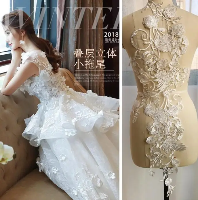 

1 Piece 87*33cm Free Shipping Ivory Flower Body Embroidery Lace Applique 3D Lace Trimmings Collar for Evening Dress Sewing DIY
