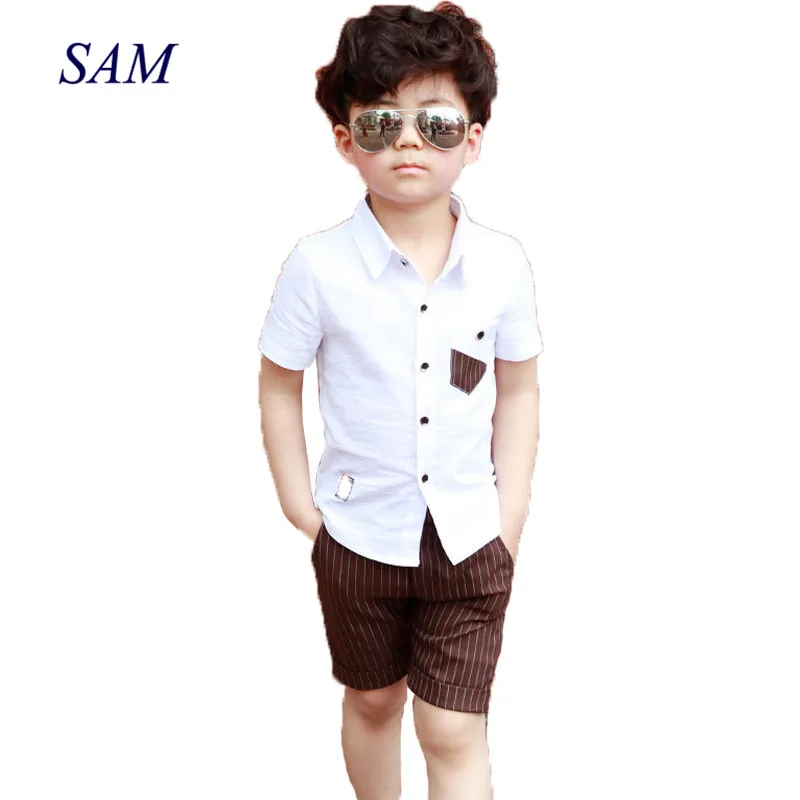 Г. Летние комплекты детской одежды Новинка,, модная Повседневная блуза с короткими рукавами для мальчиков+ шорты в полоску комплект одежды из 2 предметов