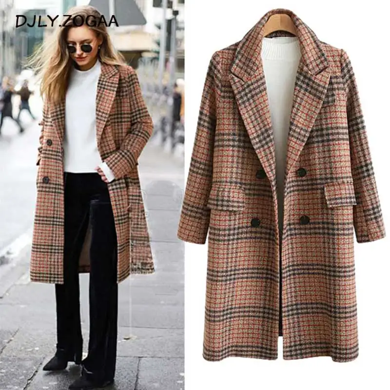 

2019 Autumn Winter New Female Woolen Coat Europe American Loose Long Female Tartan Woolen Coat Large Size