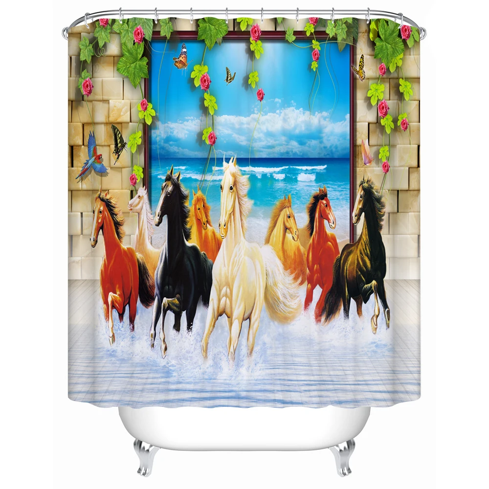 3D Horse Shower Curtain Animal Pattern Polyester Fabric Bathroom