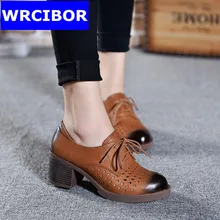 Genuine leather Flat Oxford Shoes Woman flats Brown 2017Summer Hollow Out Vintage British style Brogue Oxfords shoes women shoes