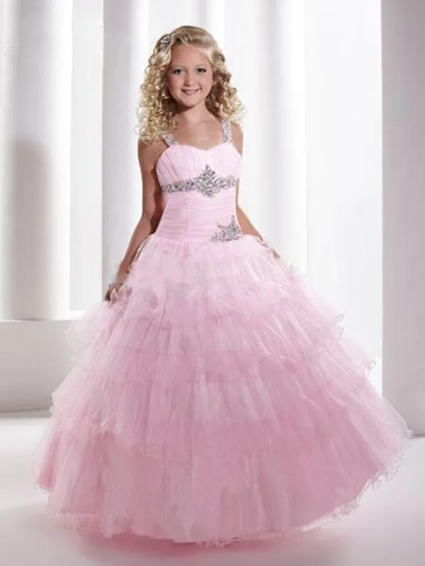 

Lovely Pink Puffy Tulle Flower Girl Dress 2019 Girls Birthday Party Dress Beading Crystals Princess Customized Pageant Gown